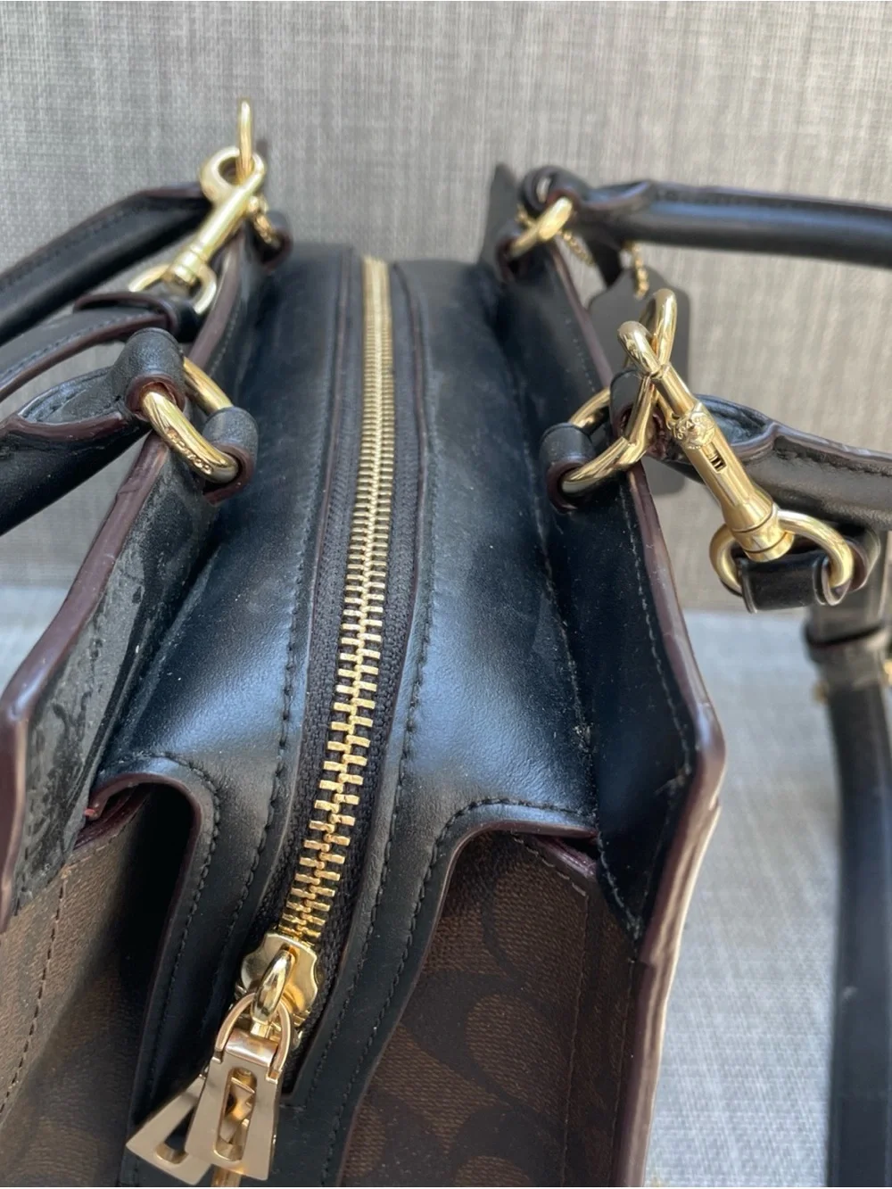 Coach Zoe Carryall Satchel Black Leather Top Handle Zip Gold Hardware Pocket